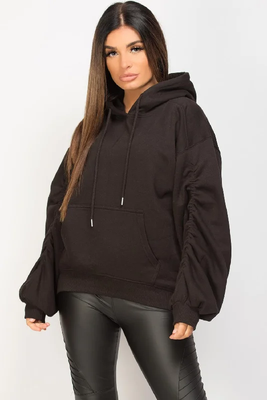 Black Ruched Sleeve Oversized Hoodie