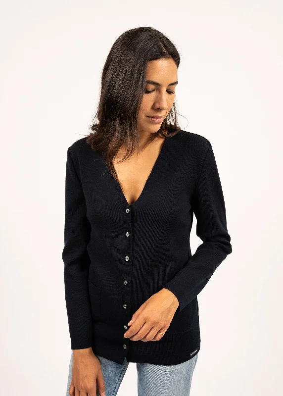 Gilet col V Blainville boutonné - en maille de laine fine (NAVY)