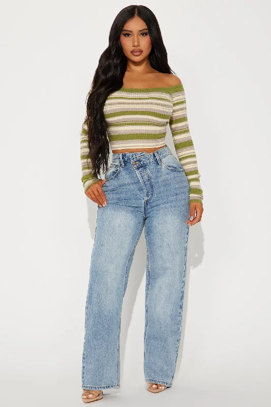 Madisyn Off Shoulder Striped Sweater - Green/combo