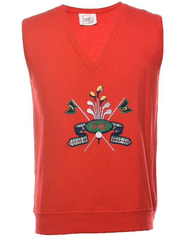 Red Embroidered Sleeveless Golf Sweatshirt - M