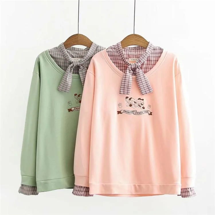 Women's Kawaii Children Embroidered Sweaters Splicing Bowknot Plaid Shirts