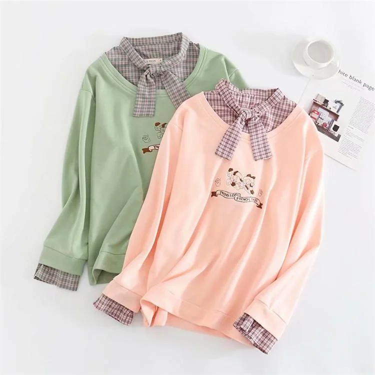 Women's Kawaii Children Embroidered Sweaters Splicing Bowknot Plaid Shirts