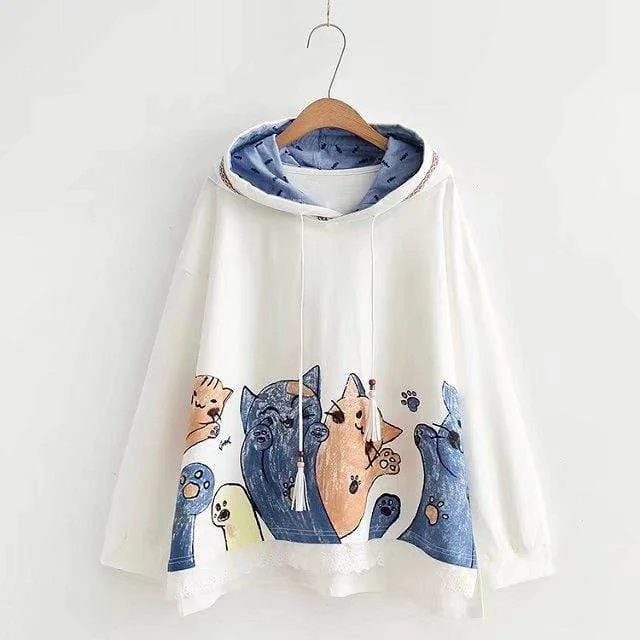 Women's Korean Fashion Cats Printed Loose Hoodies 