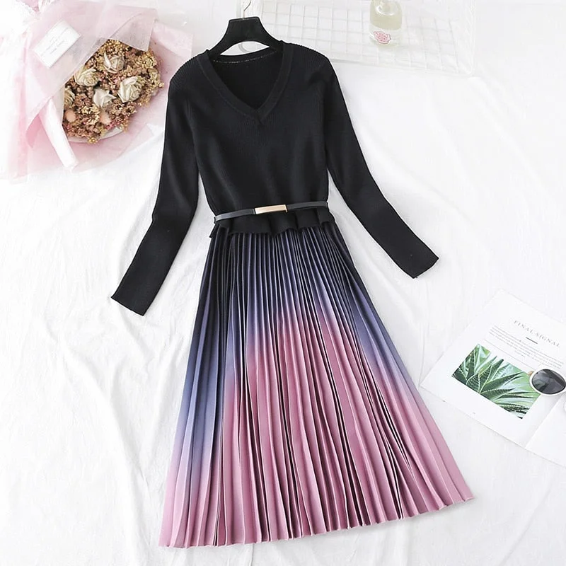 Znbbw Winter Elegant Knitted Patchwork Gradient Print Pleated Dress Women Long Sleeve Office One-Piece Sweater Dress With Belt