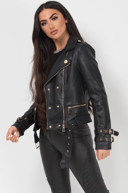 Black Faux Leather Jacket With Gold Button Detail