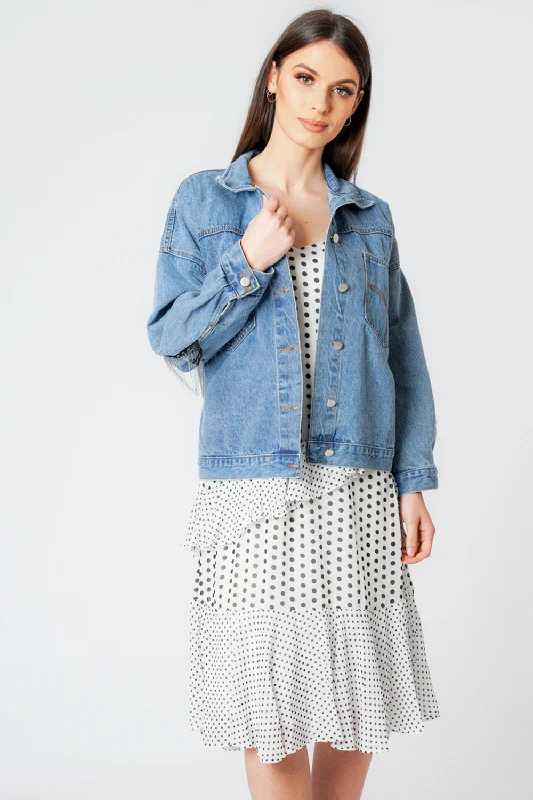 Oversized Denim Blue Beaded Fringe Button Up Jacket