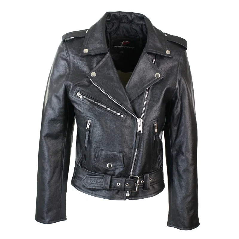 Brando Women's Black Red White Classic Biker Motorcycle Motorbike Hide Leather Jacket