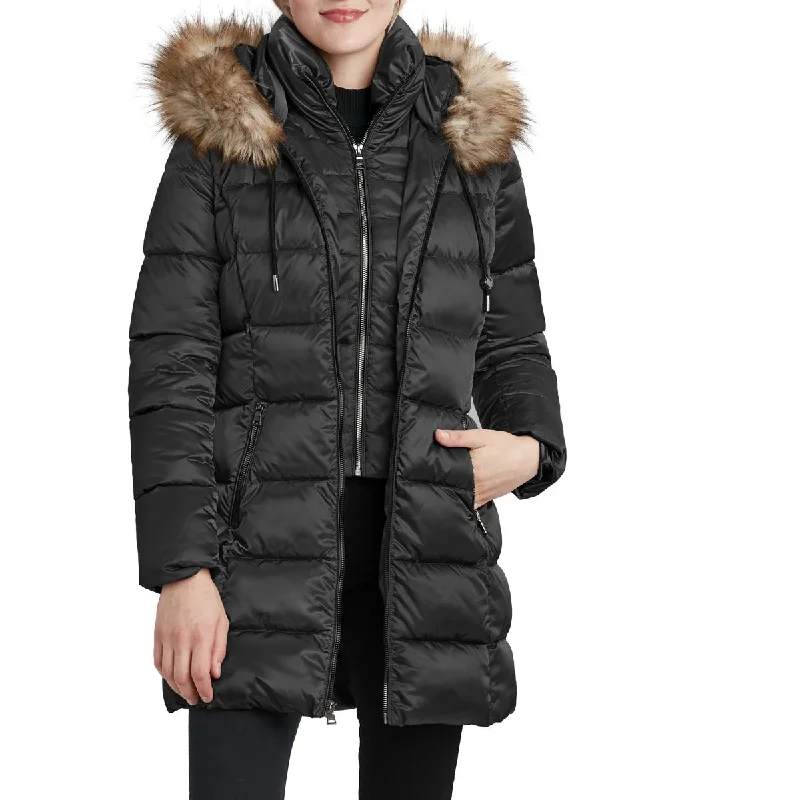 Laundry by Shelli Segal Women's Satin Quilted Puffer Coat with Faux Fur Trim