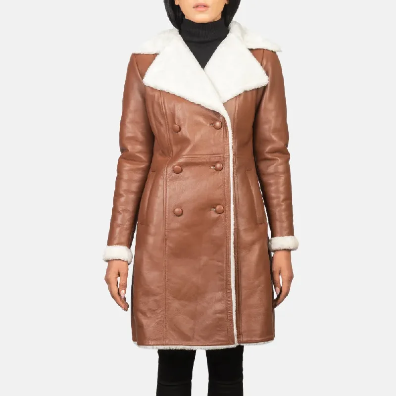 Brown Double Breasted Leather Trench Coat