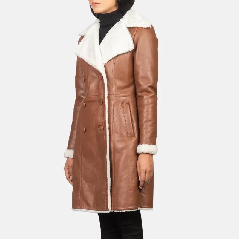 Brown Double Breasted Leather Trench Coat