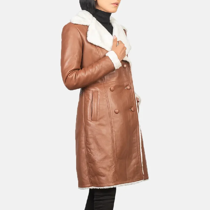 Brown Double Breasted Leather Trench Coat