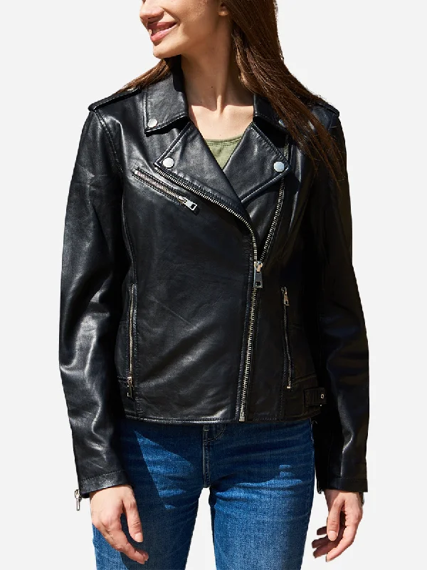 Melinda Genuine Black Leather Biker Jacket