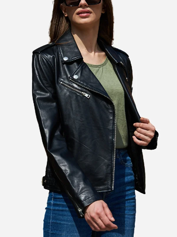 Melinda Genuine Black Leather Biker Jacket