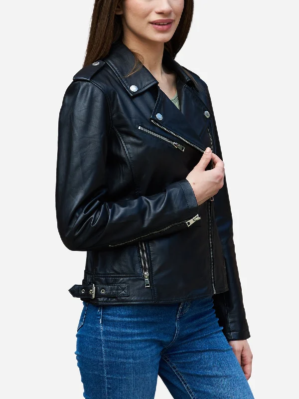 Melinda Genuine Black Leather Biker Jacket