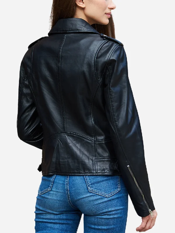 Melinda Genuine Black Leather Biker Jacket