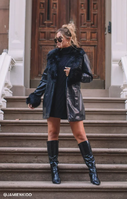 Penny Lane Coat ~ Black Faux Leather with Faux Fur