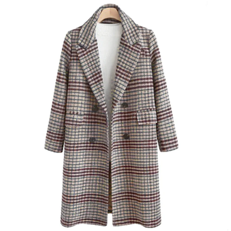 Plus Size Women's Plaid Long Sleeve Lapel Coat