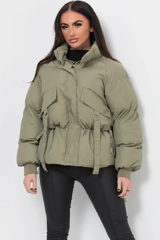 Puffer Jacket With Pocket Detail Khaki