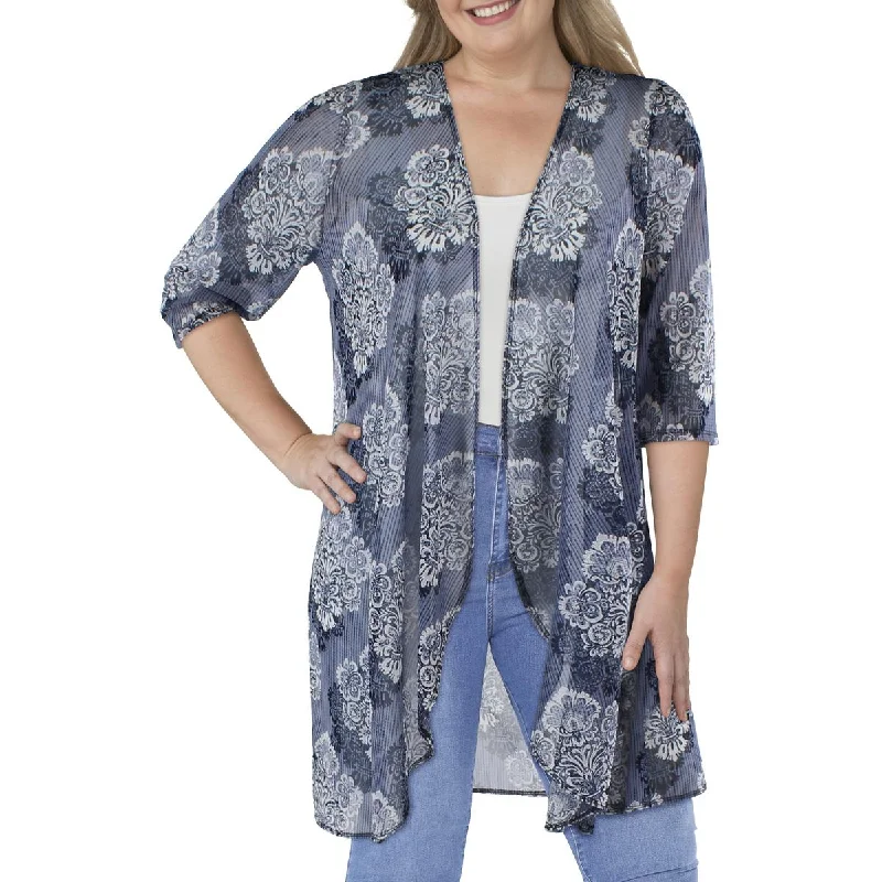 R&M Richards Womens Plus Mesh Printed Duster Blazer