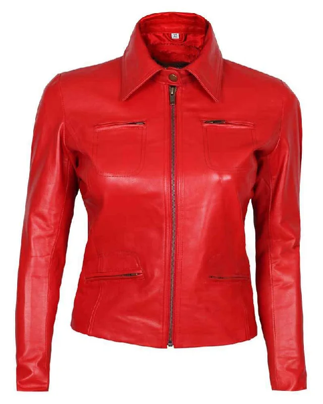 Upon Time Red Zipper Biker Short Body Leather Jacket