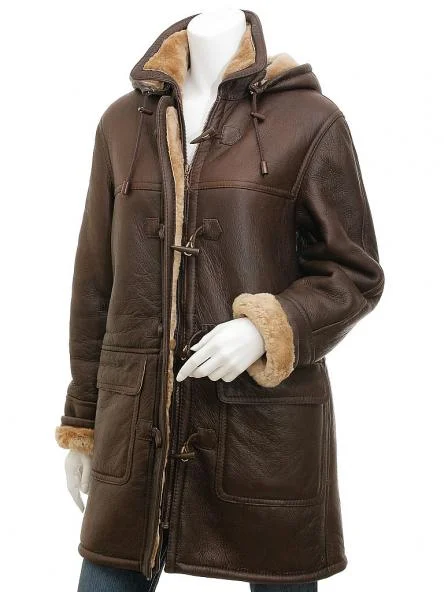 Women's Brown Sheepskin Duffle Coat With Hood