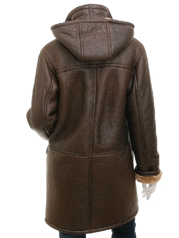 Women's Brown Sheepskin Duffle Coat With Hood