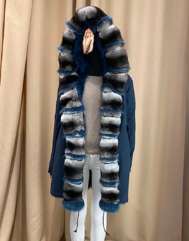 Stone Blue Navy Zarina Parka Midi With Fur Stone Blue Navy/natural/navy