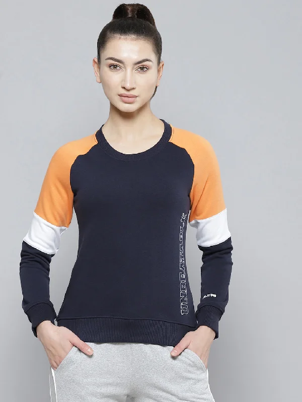 Alcis Women Navy Blue Orange Colourblocked Cotton Sweatshirt with Side Applique Prints