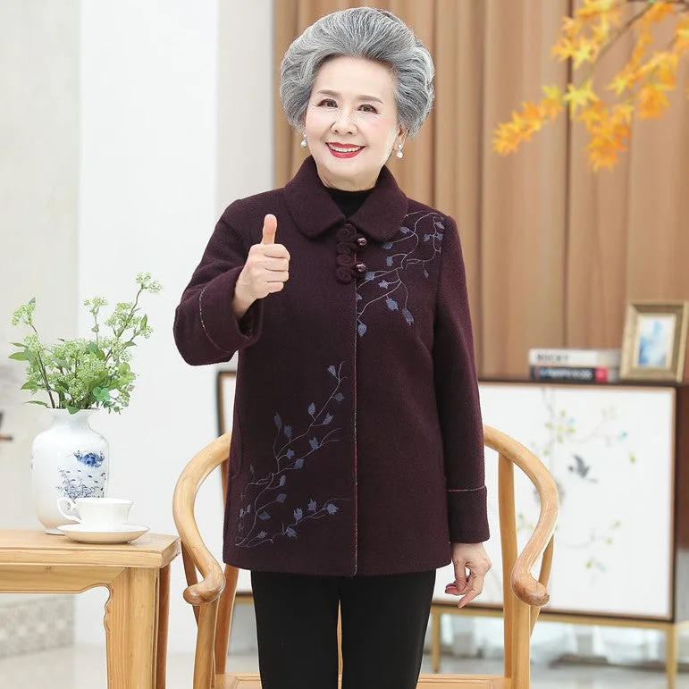 Lapel Collar Floral Embroidery Woolen Tang Suit Traditional Chinese Jacket Mother's Coat