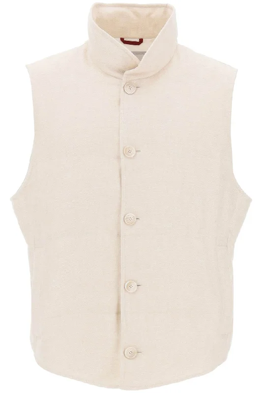 sleeveless down jacket in linen, MW4821852 SABBIA PANAMA