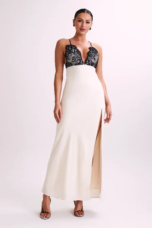 Gina Satin Slip Maxi Dress With Lace - Ivory