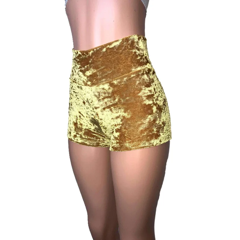 High Waisted Booty Shorts - Gold Crushed Velvet