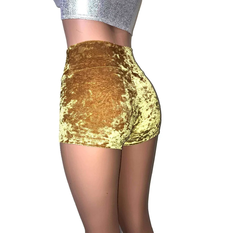 High Waisted Booty Shorts - Gold Crushed Velvet