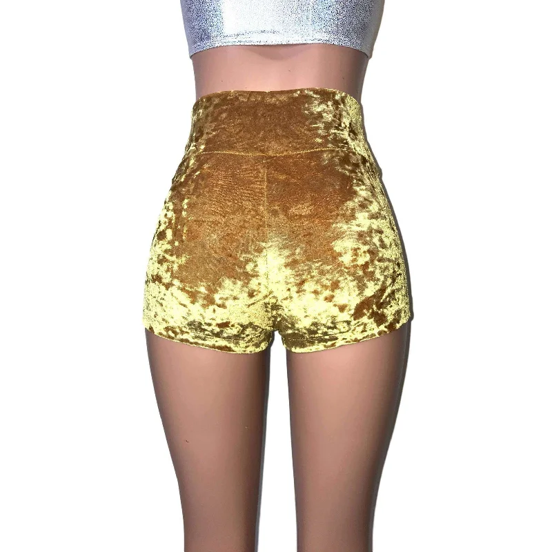 High Waisted Booty Shorts - Gold Crushed Velvet