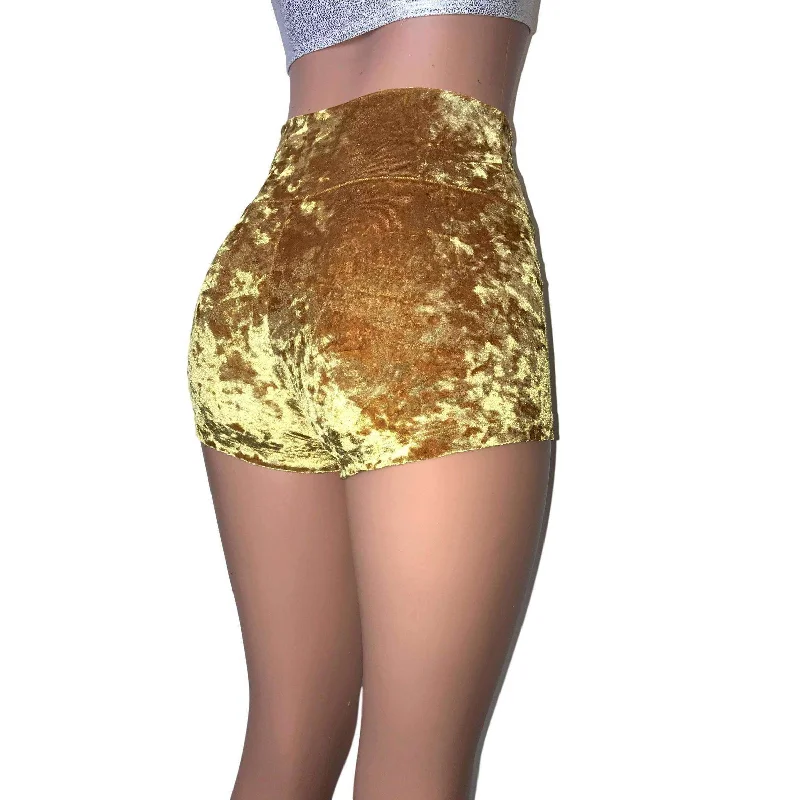 High Waisted Booty Shorts - Gold Crushed Velvet