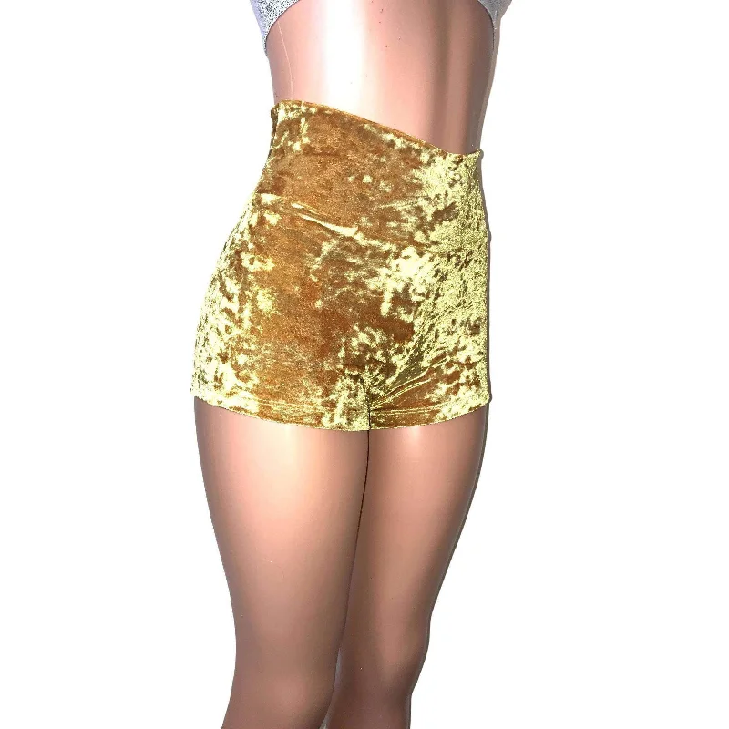 High Waisted Booty Shorts - Gold Crushed Velvet