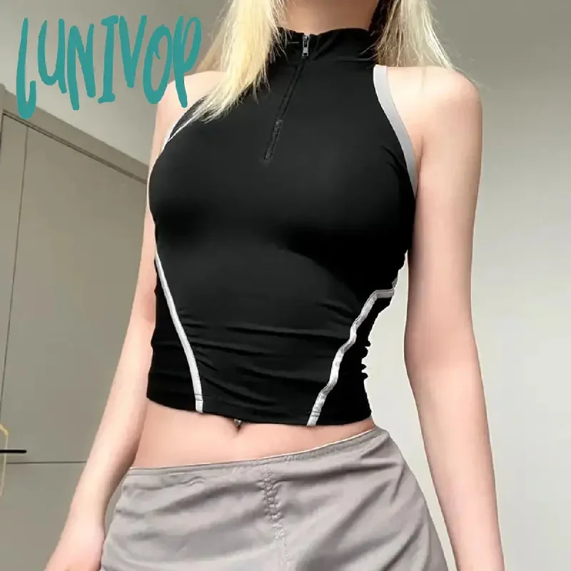 Lunivop Techwear Punk Crop Halter Tops Women Y2k Zip Up Turtleneck Tank Top Streetwear Black Sleeveless T Shirt Sexy Tee Shirts