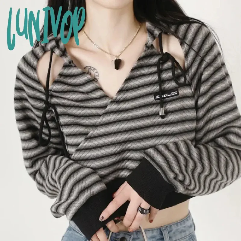 Lunivop Vintage Striped Hoodie Tops Women 2024 Spring All-match Slim Fit Sweatshirt Mujer Y2k Long Sleeve Hollow Out