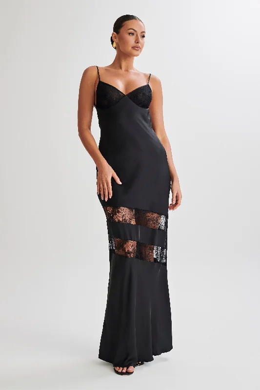 Myrna Satin Lace Maxi Dress - Black