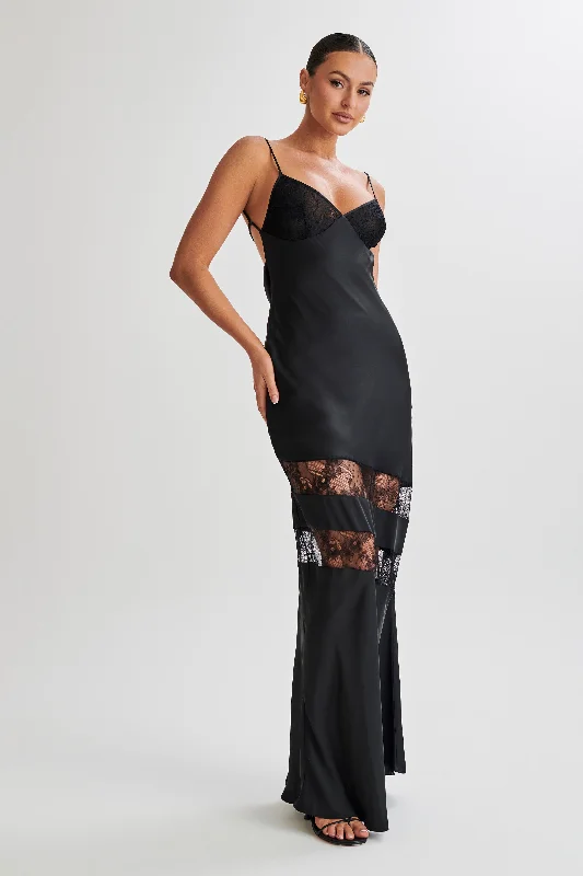 Myrna Satin Lace Maxi Dress - Black