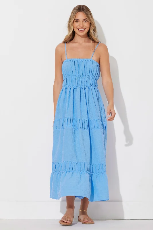 Ocean Blue Solid Gauze Maxi Dress