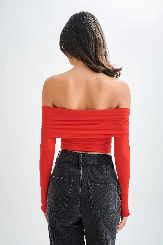 Prue Ruched Off Shoulder Long Sleeve Top - Pomegranate