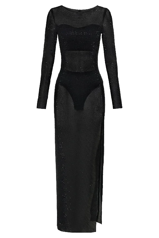 Sevanna Diamante Long Sleeve Maxi Dress - Black