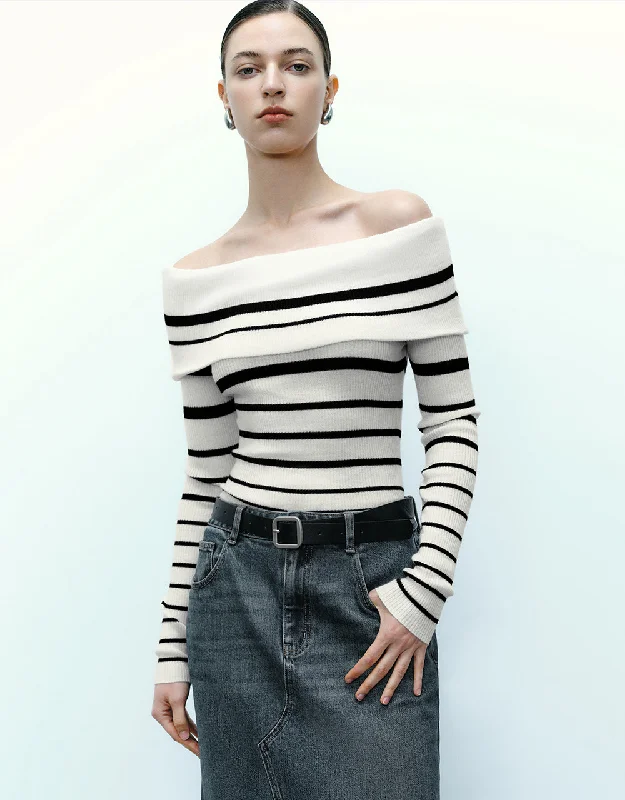 Striped Off-Shoulder Skinny Knitted T-Shirt