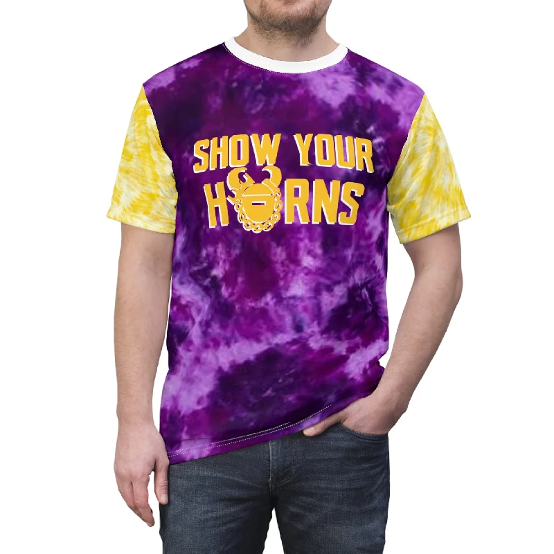 Unisex Cut & Sew Tee - Purple/Gold Tie-Dye - Show Your Horns