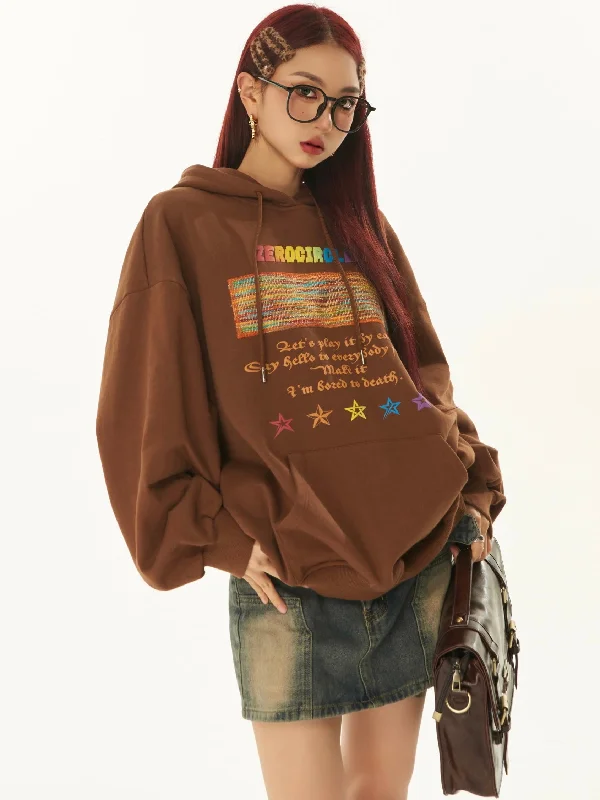 ZEROCIRCLE Rainbow Graphic Letter Print Solid Color Brown Long Sleeve Hoodie