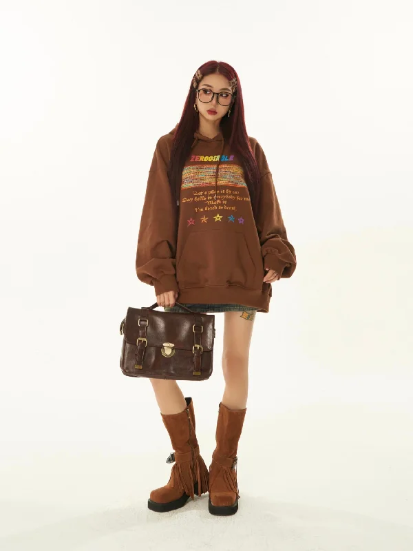 ZEROCIRCLE Rainbow Graphic Letter Print Solid Color Brown Long Sleeve Hoodie