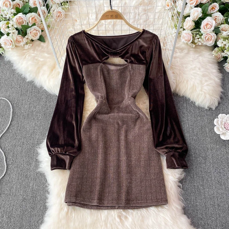 Crew neck velvet stitching long sleeve temperament French Vintage Dress  3722