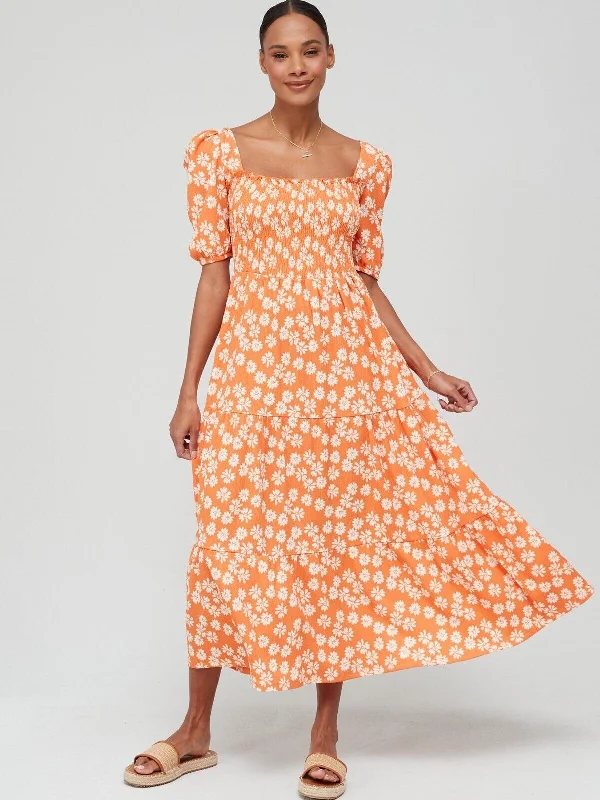 Womens Shirred Square Neck Crinkle Tiered Midi Dress–Orange.UK 6 **** Ref V442