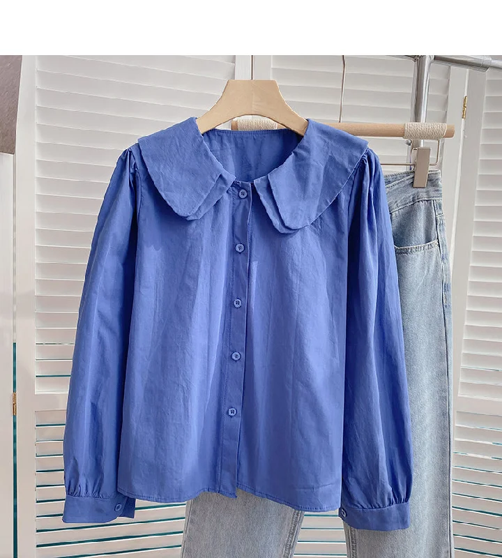 Baby collar solid color long sleeve shirt looks thin and versatile top  6372